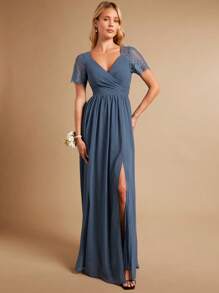 SHEIN Belle 纯色开叉长款伴娘礼服优雅连衣裙 - 霧霾藍 - 查看 3