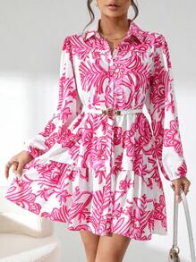 GENKIRA 印花荷葉邊娃娃裙不附腰帶 - 玫紅色 - 查看 5