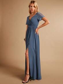 SHEIN Belle 纯色开叉长款伴娘礼服优雅连衣裙 - 霧霾藍 - 查看 4