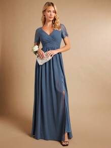 SHEIN Belle 纯色开叉长款伴娘礼服优雅连衣裙 - 霧霾藍 - 查看 7