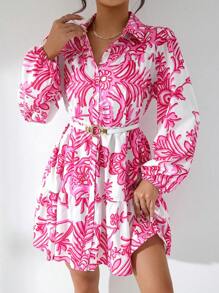 GENKIRA 印花荷葉邊娃娃裙不附腰帶 - 玫紅色 - 查看 4