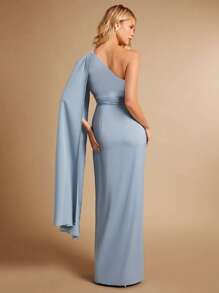 SHEIN Belle Một bờ vai Xù Bao bên Váy phù dâu - Màu xanh nhạt - Xem 2