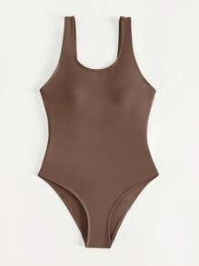SHEIN Swim Traje de baño de una pieza sólido para playa en verano - Marrón - Ver 3