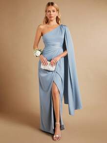 SHEIN Belle Một bờ vai Xù Bao bên Váy phù dâu - Màu xanh nhạt - Xem 7