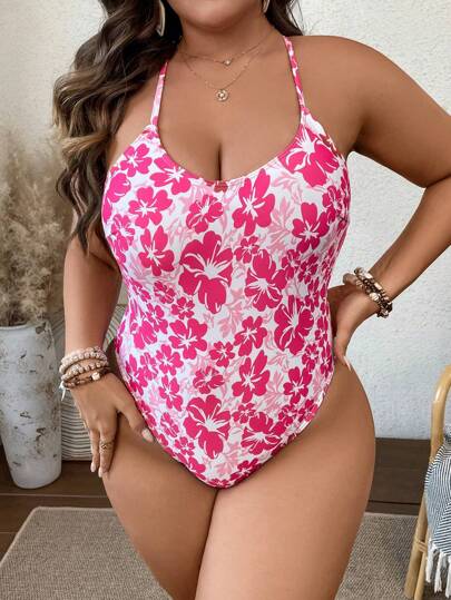 大碼印花露背交叉連體泳衣