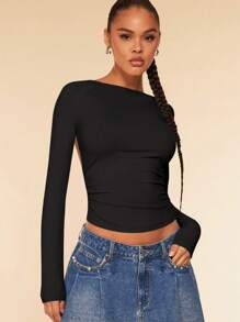 SHEIN BAE Twist Backless Crop Tee - Black - View 5