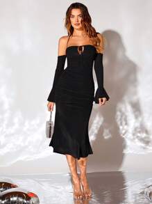 SHEIN BAE 荷葉袖前繫帶褶邊魚尾裙下擺掛脖洋裝 - 黑色 - 查看 4