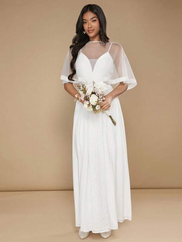 SHEIN Belle 素色網紗覆蓋蕾絲披肩婚紗洋裝