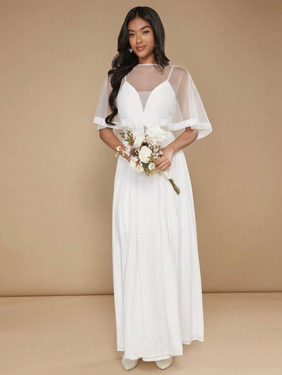 SHEIN Belle 素色網紗覆蓋蕾絲披肩婚紗連衣裙