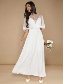 SHEIN Belle 素色網紗覆蓋蕾絲披肩婚紗連衣裙