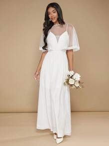 SHEIN Belle 素色網紗覆蓋蕾絲披肩婚紗連衣裙