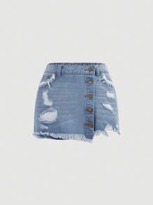 SHEIN Rách Raw Hem Nút phía trước Váy denim - Rửa nhẹ - Xem 1