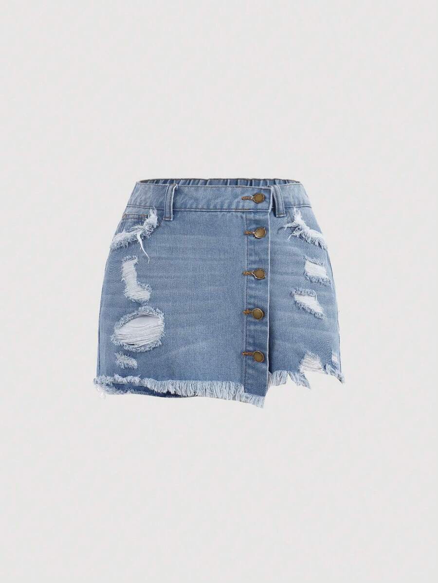 SHEIN Rách Raw Hem Nút phía trước Váy denim - Rửa nhẹ - Xem 1
