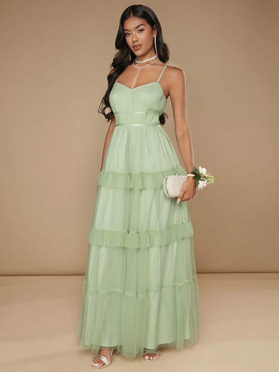 SHEIN Belle Ruffle Hem Mesh Overlay Cami Bridesmaid Dress - Mint Green - View 1