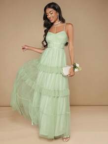 SHEIN Belle Ruffle Hem Mesh Overlay Cami Bridesmaid Dress - Mint Green - View 4