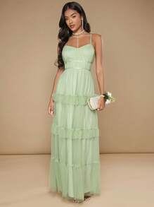 SHEIN Belle Ruffle Hem Mesh Overlay Cami Bridesmaid Dress - Mint Green - View 5
