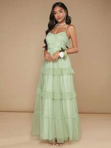 SHEIN Belle Ruffle Hem Mesh Overlay Cami Bridesmaid Dress - Mint Green - View 6