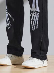 Manfinity EMRG Hombres Jeans de pierna recta esqueleto con estampado de mano - Negro - Ver 3