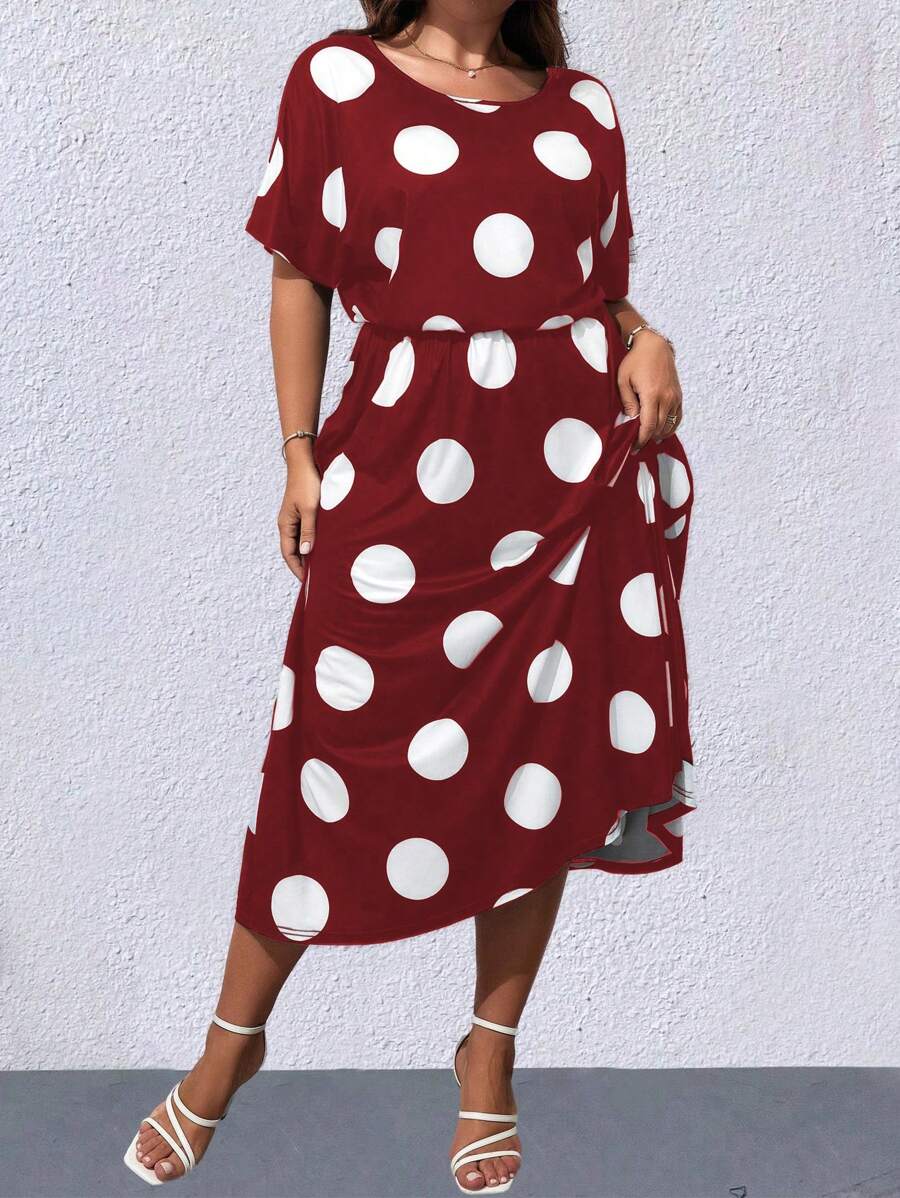 SHEIN LUNE Plus Polka Dot Batwing Sleeve Dress - Burgundy - View 1
