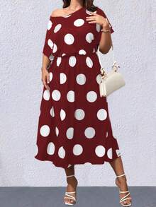 SHEIN LUNE Plus Polka Dot Batwing Sleeve Dress - Burgundy - View 4