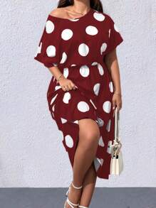 SHEIN LUNE Plus Polka Dot Batwing Sleeve Dress - Burgundy - View 5