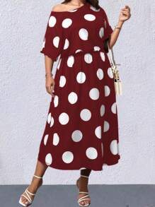 SHEIN LUNE Plus Polka Dot Batwing Sleeve Dress - Burgundy - View 6