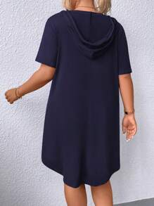 EMERY ROSE Plus Size Drawstring Hooded Short Sleeve Dress - Navy Blue - View 2