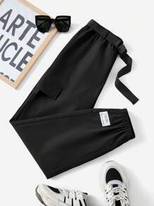 SHEIN EZwear 字母貼布翻蓋細節搭扣腰帶長褲 - 黑色 - 查看 1