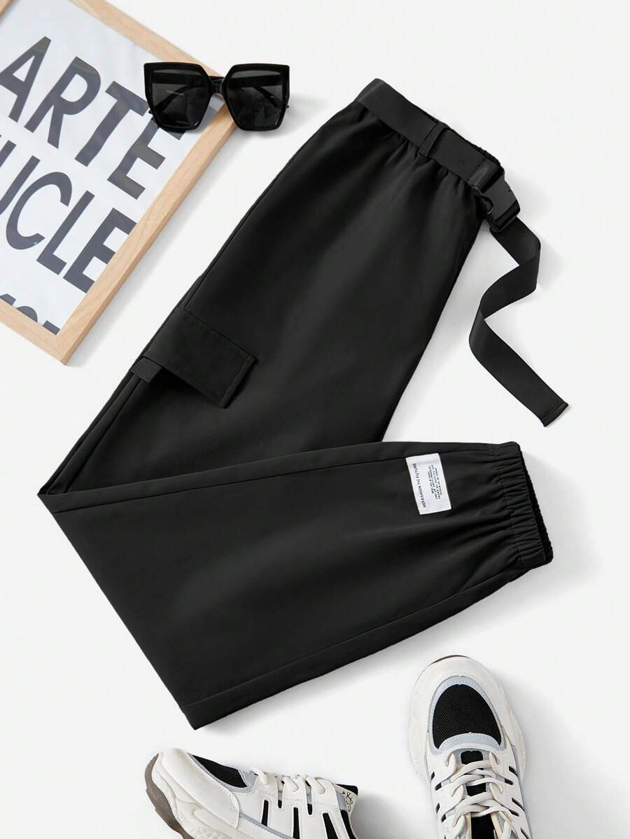 SHEIN EZwear 字母貼布翻蓋細節搭扣腰帶長褲 - 黑色 - 查看 1