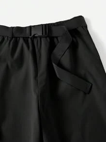 SHEIN EZwear 字母貼布翻蓋細節搭扣腰帶長褲 - 黑色 - 查看 4