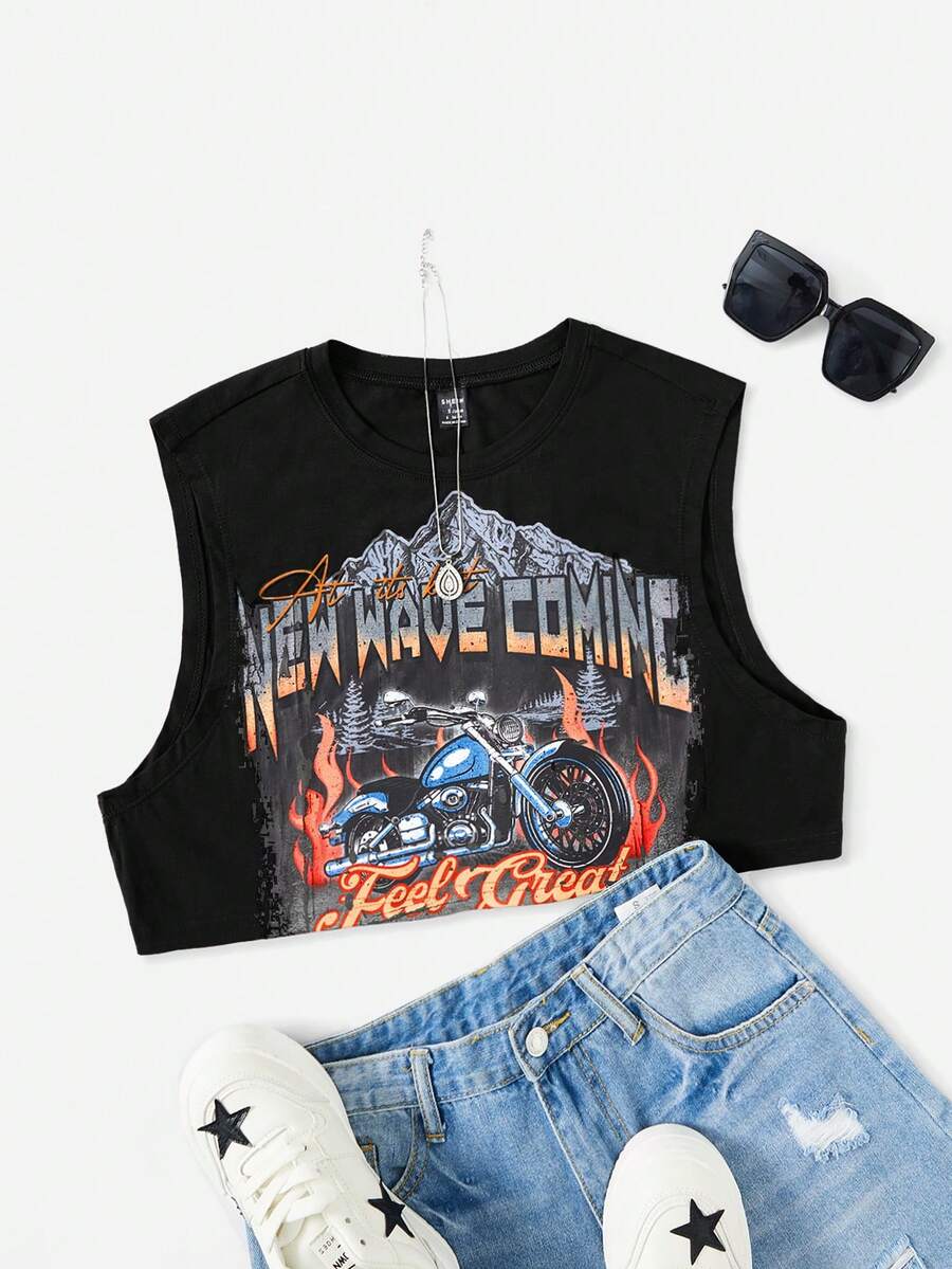 SHEIN Coolane Motorcycle & Letter Graphic Crop Tank Top - Black - View 1
