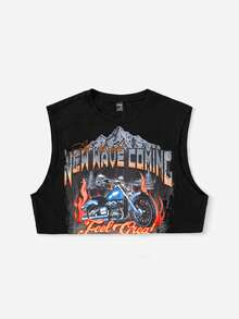 SHEIN Coolane Motorcycle & Letter Graphic Crop Tank Top - Black - View 3