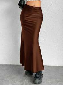 SHEIN EZwear 纯色美人鱼下摆半身裙 - 咖啡棕 - 查看 1