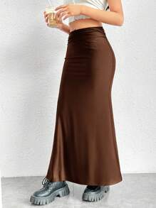 SHEIN EZwear 纯色美人鱼下摆半身裙 - 咖啡棕 - 查看 3