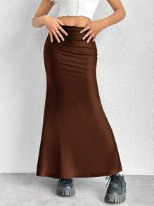 SHEIN EZwear 纯色美人鱼下摆半身裙 - 咖啡棕 - 查看 4