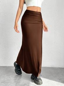 SHEIN EZwear 纯色美人鱼下摆半身裙 - 咖啡棕 - 查看 5
