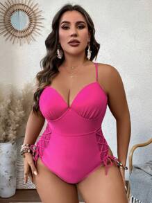 SHEIN Swim Curve Hơn Ren Up Side Áo tắm một mảnh đẩy lên - Màu Hồng Tươi - Xem 4