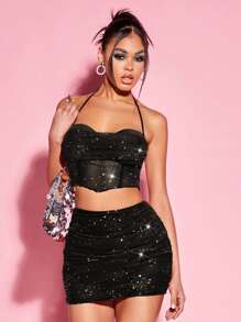 SHEIN BAE Sequin Halter Top & Ruched Bodycon Skirt - Black - View 3