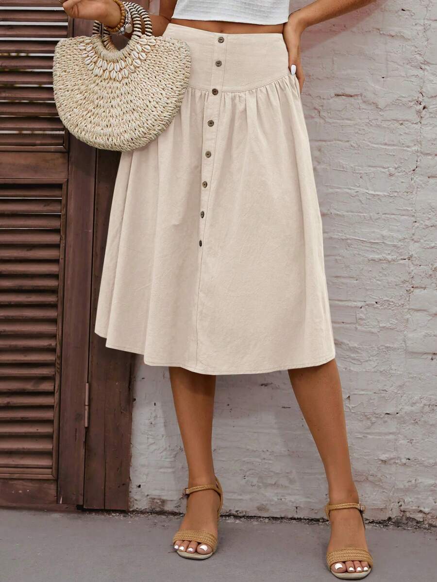 SHEIN VCAY Solid Button Front Skirt