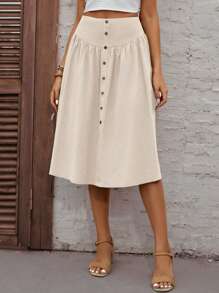 SHEIN VCAY Solid Button Front Skirt