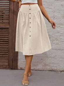 SHEIN VCAY Solid Button Front Skirt