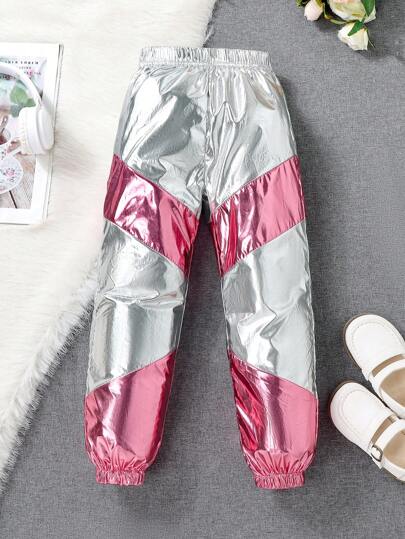 SHEIN 女小童撞色彈性腰帶長褲