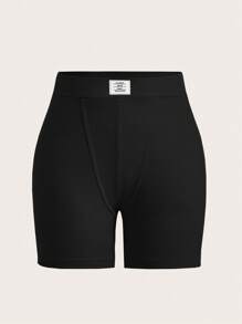 SHEIN EZwear 字母貼布騎行褲 - 黑色 - 查看 1