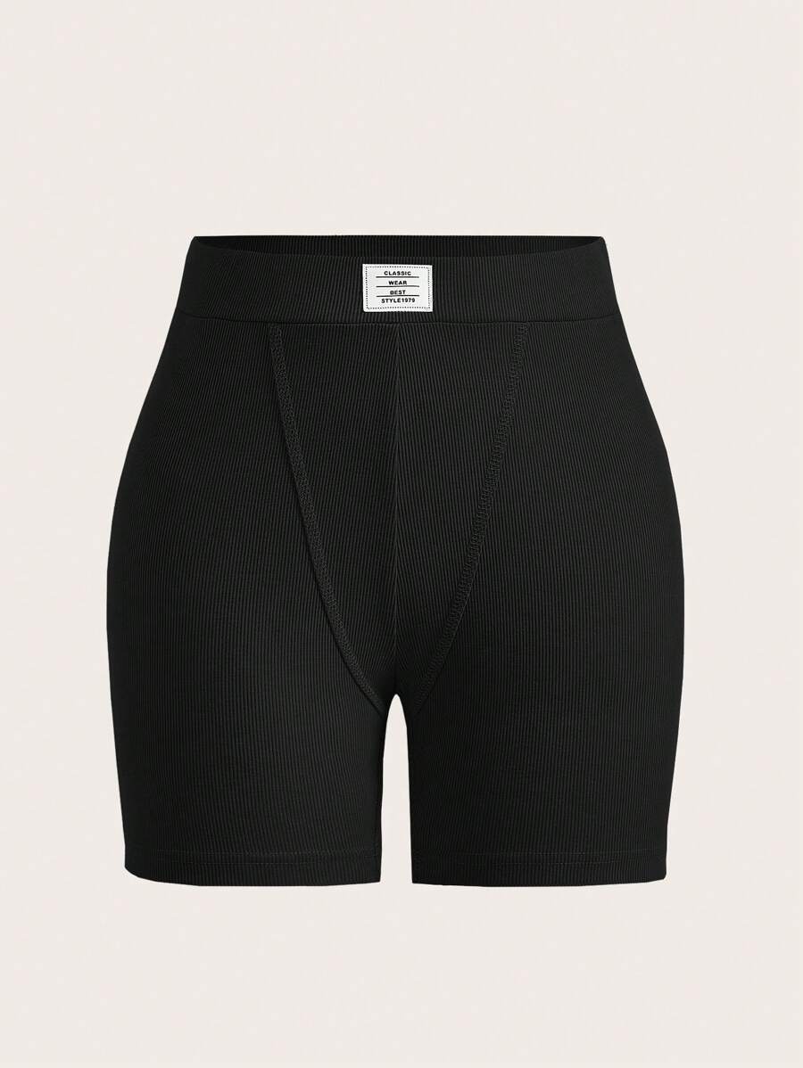 SHEIN EZwear 字母貼布騎行褲 - 黑色 - 查看 1