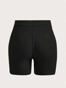 SHEIN EZwear 字母貼布騎行褲 - 黑色 - 查看 2