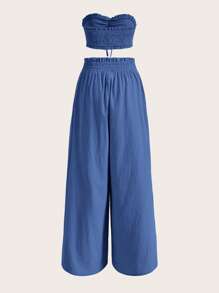 SHEIN EZwear 打結前收褶抹胸上衣和闊腿褲 - 藍色 - 查看 2