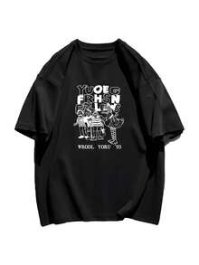 Camiseta de hombros caídos con estampado de dibujos animados y letra - Negro - Ver 3