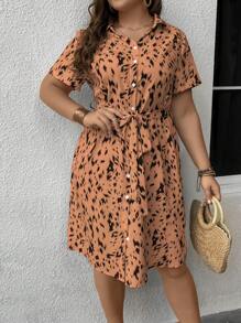 SHEIN LUNE Plus Allover Print Belted Shirt Dress - Khaki - View 6
