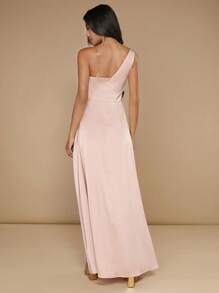 SHEIN Belle Vestido Sólido com Babados, Decote Assimétrico, Bainha Desigual, Elegante, Formal, para Festa, Baile, Convidados de Casamento, Formatura, Jantar - Rosa chiclete - Visão 2