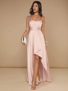 SHEIN Belle Vestido Sólido com Babados, Decote Assimétrico, Bainha Desigual, Elegante, Formal, para Festa, Baile, Convidados de Casamento, Formatura, Jantar - Rosa chiclete - Visão 3